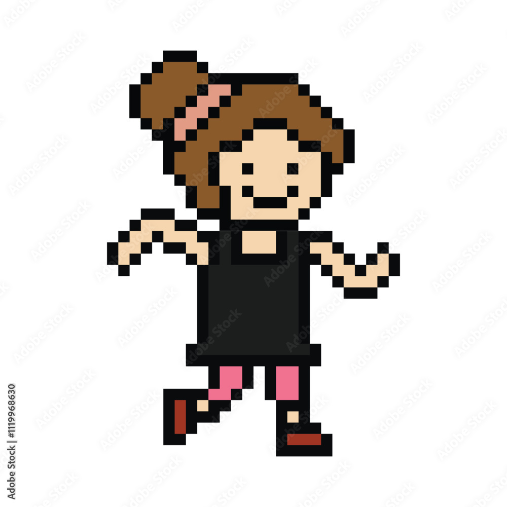 Fototapeta premium Cute cartoon run exercise pixel cartoon 8bit character woman lady run or running jog cardio lifestyle for decoration life style 8 bit female jog marathon exercise png vector.