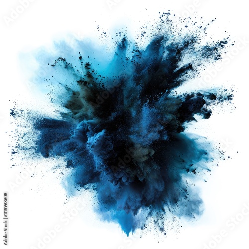 Blue Powder Explosion: Abstract Burst of Glowing Smoke Isolated on White Background photo