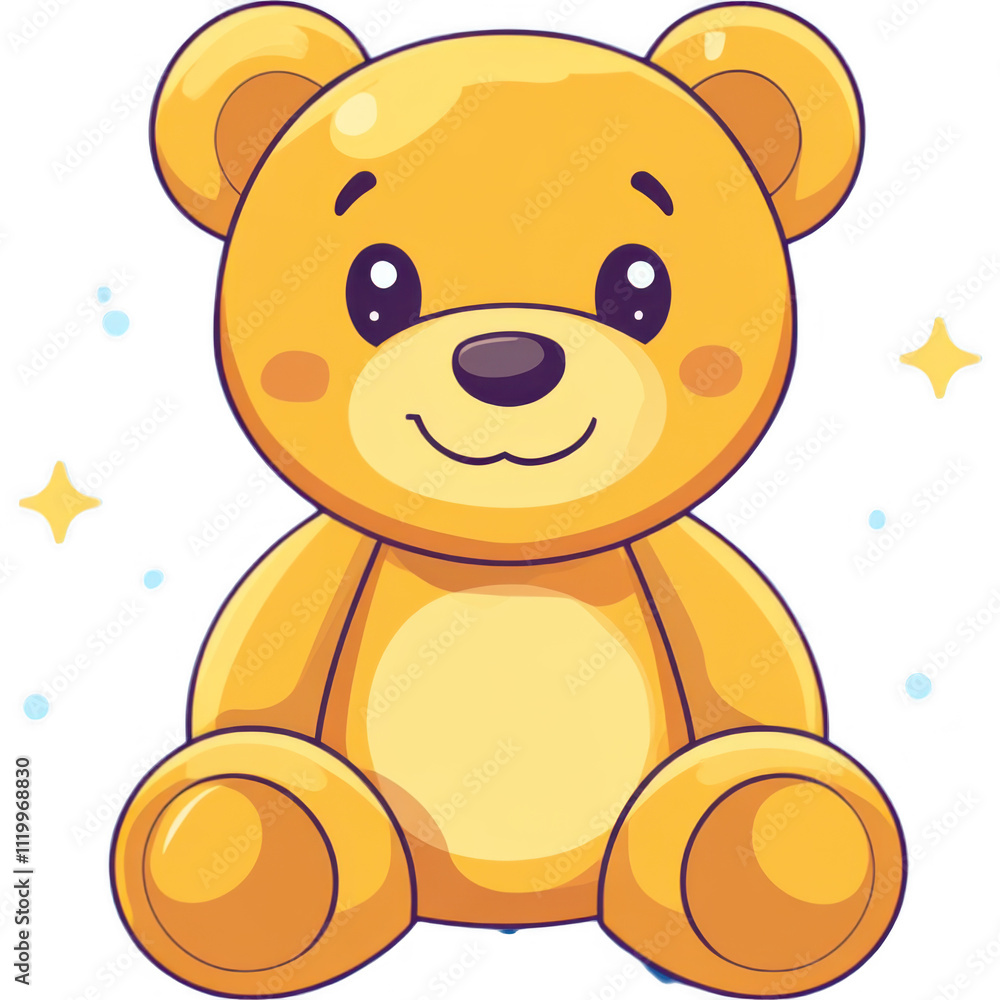 Fototapeta premium Adorable Asymmetrical-Eyed Teddy Bear against Blue Backdrop with Sparkling Starbursts
