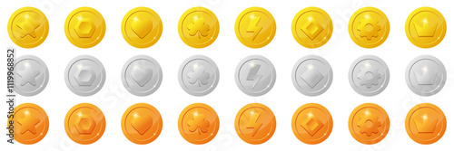 set of gaming coins design element. Gold, silver, bronze ranking medal coins. lightning bolt, heart, star, crown,  icon for video game UI or app animation. reward and cash treasure concept for casino
