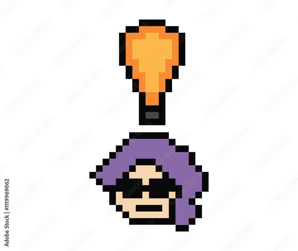 Cartoon cute character woman lady face with light blub idea creative think decoration pixel 8 bit female girl idea imagination cartoon pixel game png vector. Cartoon cute character woman lady face with light blub idea creative think decoration pixel 8 bit female girl idea imagination cartoon pixel game png vector.