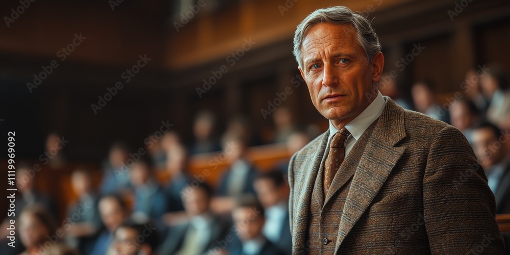 Mature caucasian male in tweed suit presenting in a courtroom setting Mature caucasian male in tweed suit presenting in a courtroom setting
