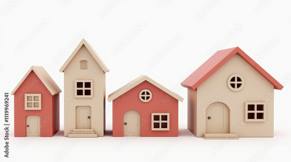 Minimalist Home Models Illustration with Four Simple House Designs in a Row, Ideal for Real Estate and Architecture Visualization Minimalist Home Models Illustration with Four Simple House Designs in a Row, Ideal for Real Estate and Architecture Visualization