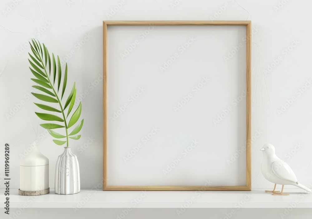 A blank square picture frame with a wooden frame sits on a white shelf with a vase of greenery. a ceramic candle holder. and a white bird figurine A blank square picture frame with a wooden frame sits on a white shelf with a vase of greenery. a ceramic candle holder. and a white bird figurine