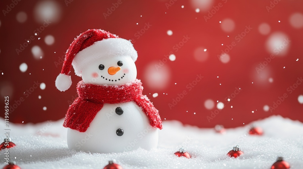 Fototapeta premium Cheerful Snowman in Red Hat and Scarf Against Festive Background