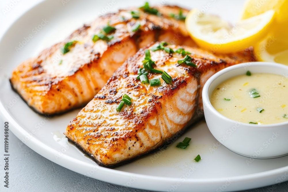 Grilled Salmon Fillet with Lemon Wedges and Creamy Sauce Garnished with Fresh Herbs on a White Plate Grilled Salmon Fillet with Lemon Wedges and Creamy Sauce Garnished with Fresh Herbs on a White Plate