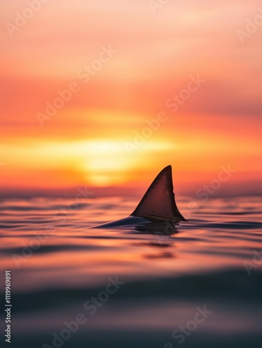 Shark fin breaks the calm water surface during sunset in tranquil waters