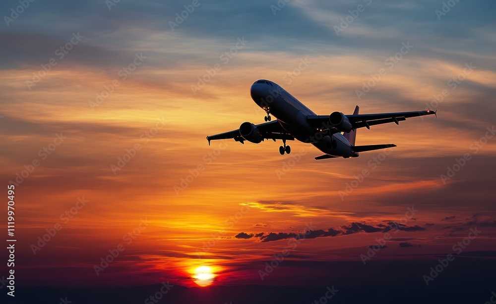 A passenger plane flying in the sky at sunset A passenger plane flying in the sky at sunset