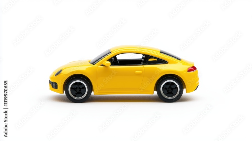 Bright yellow toy car displayed on a clean white background showcasing its sleek design Bright yellow toy car displayed on a clean white background showcasing its sleek design