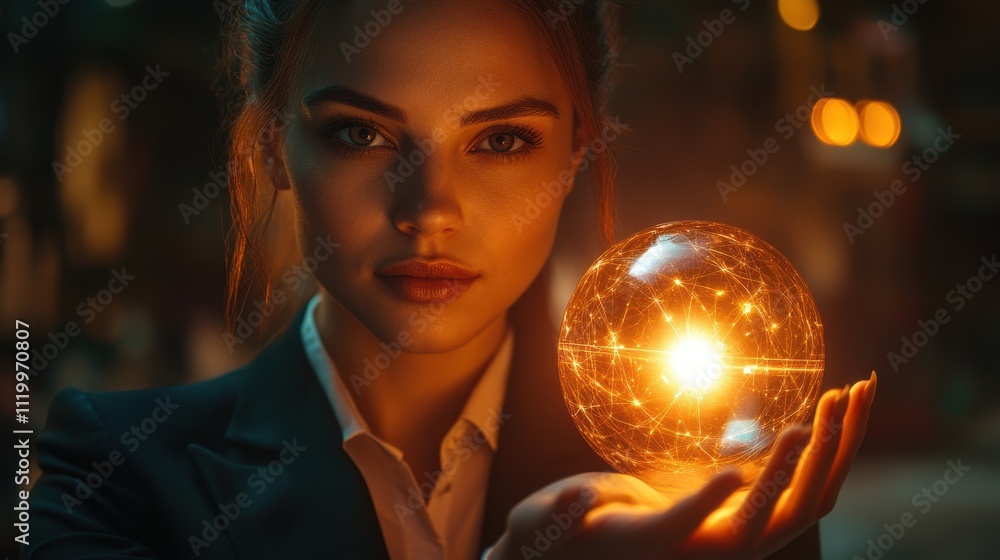 Naklejka premium A woman is holding a glowing orb in her hand. Generative AI