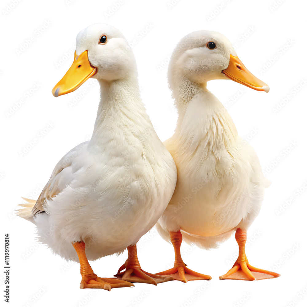 Two white ducks standing together with orange beaks and feet, showing off their smooth, soft feathers and attentive expressions, isolated on a transparent background Two white ducks standing together with orange beaks and feet, showing off their smooth, soft feathers and attentive expressions, isolated on a transparent background