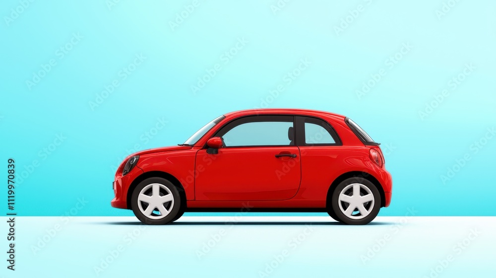 Whimsical red cartoon car isolated against a bright blue background with no distractions Whimsical red cartoon car isolated against a bright blue background with no distractions