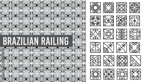 Ornamental patterns inspired by Brazilian wrought iron railings, featuring decorative arabesques and traditional geometric designs. Perfect for cultural and vintage projects.