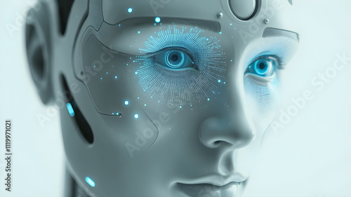 Robot humanoid face close up with graphic concept of AI ,artificial intelligence and machine learning ,industrial revolution. 3D rendering photo