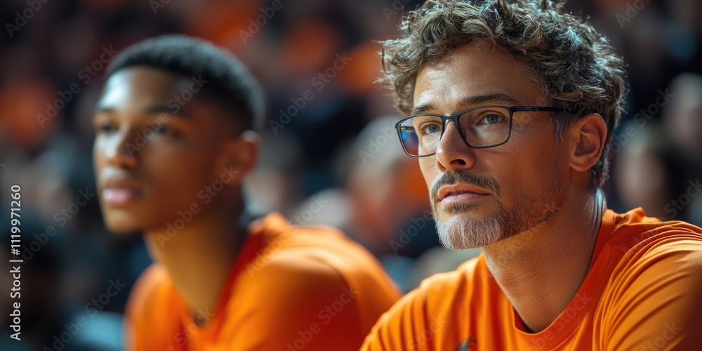 Focused caucasian male adults watching sports event in orange jerseys Focused caucasian male adults watching sports event in orange jerseys
