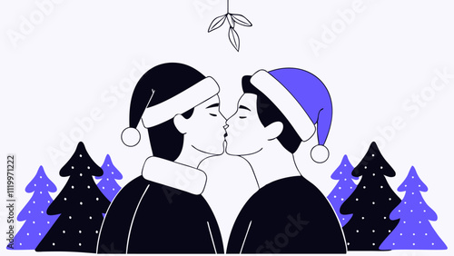 Two men wearing santa hats are kissing under the mistletoe during christmas holidays, surrounded by christmas trees, celebrating love and the festive season