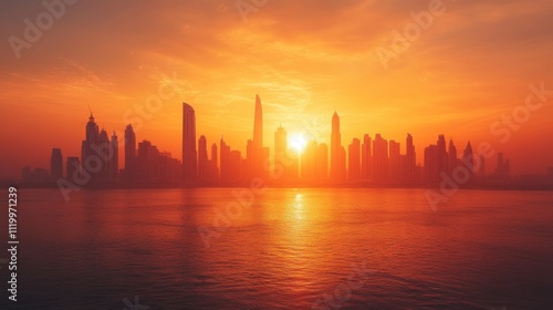 A city skyline is reflected in the water as the sun sets. Generative AI