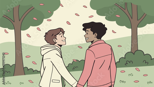 Two young men are holding hands and walking through a park with pink petals falling from the trees, enjoying a romantic moment together surrounded by nature