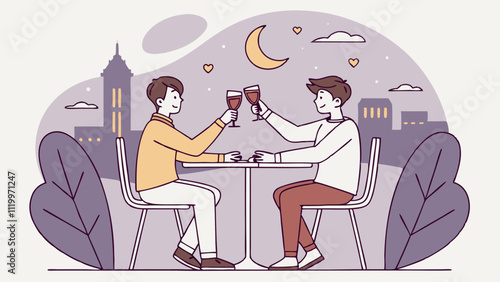 Two men are toasting with wine glasses while having a romantic dinner on a rooftop restaurant with a beautiful city view at night