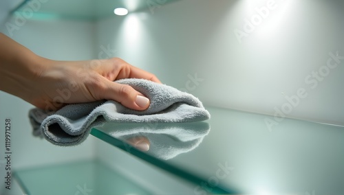 A hand gently wipes a pristine glass shelf, reflecting light and showcasing meticulous cleaning.  Spotless surfaces gleam under soft illumination. photo