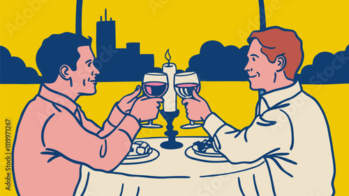 Two businessmen are toasting wine glasses during a romantic dinner date in a restaurant with cityscape view, enjoying good food and each other's company in a celebration of their relationship