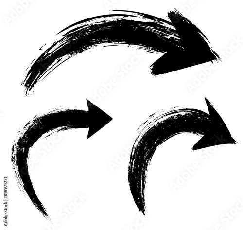 Bold black curved arrow in brushstroke style dynamic and artistic design on white background perfect for creative and directional themes