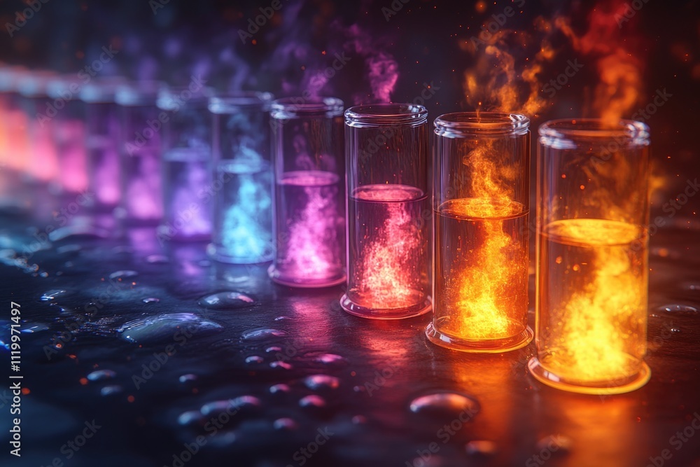 Colorful fiery test tubes with smoke on a reflective surface Colorful fiery test tubes with smoke on a reflective surface
