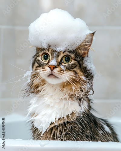 A funny cat with shampoo foam on his head sits in the bathroom.