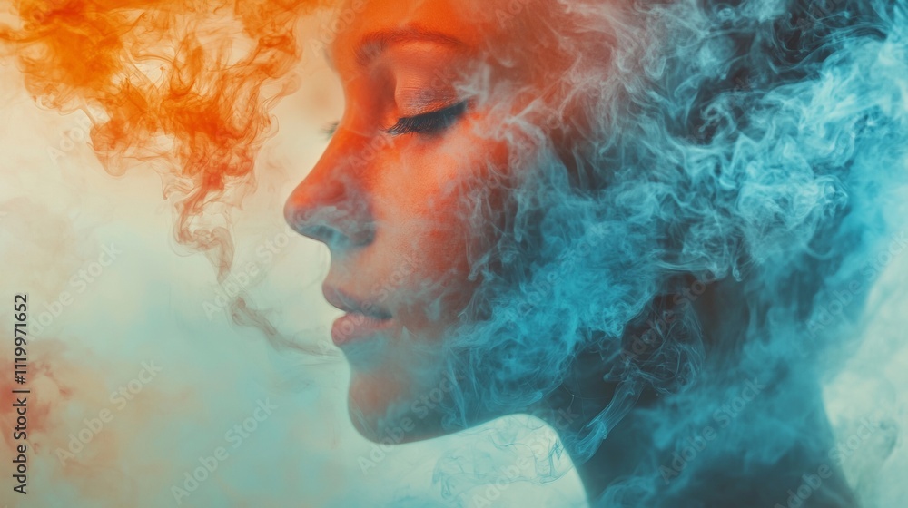 Profile of a woman immersed in swirling orange and blue smoke Profile of a woman immersed in swirling orange and blue smoke