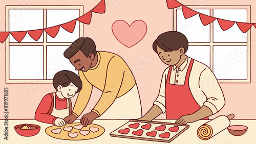 Diverse family happily bakes heart shaped cookies together in a cozy kitchen, celebrating love and togetherness on valentine's day