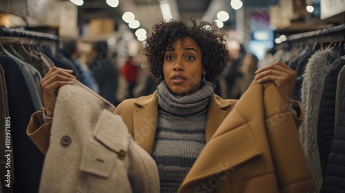 A woman in a clothing store looks confused while holding two coats.