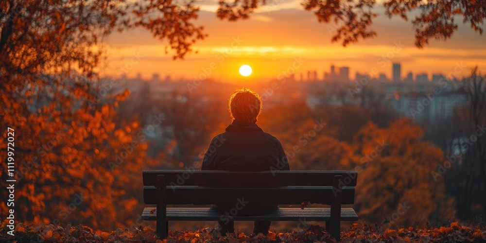 Male watching autumn sunset over city skyline from park bench Male watching autumn sunset over city skyline from park bench