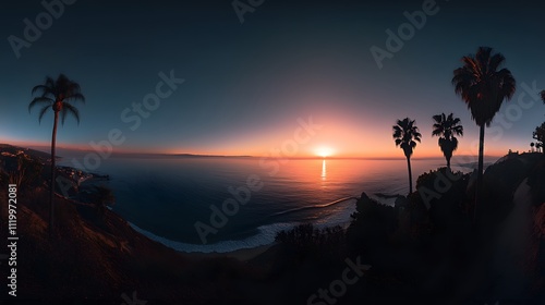 A panoramic view of the sunset over California's diverse coastline, with silhouettes of palm trees and an ocean backdrop.