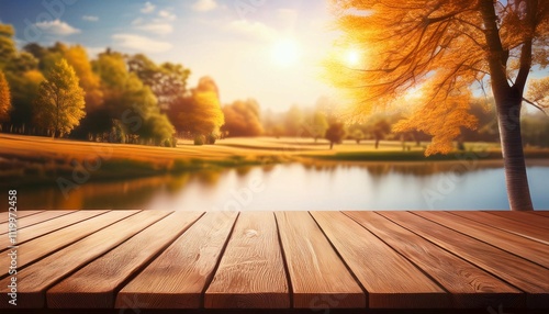 rustic autumn charm ai generated anime style illustration of empty wooden table for farm product livestream display dreamy rural scene with blurred summer lake and forest background minimalist desi