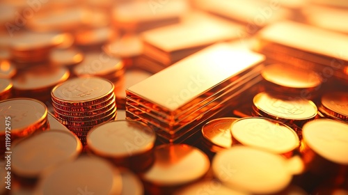 Wealth Accumulation Event Showcasing Golden Bitcoin Coins and Bars Business Environment Close-Up Perspective Financial Growth Concept photo