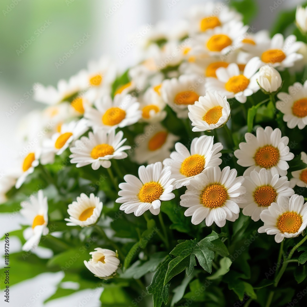Obraz premium A vibrant bouquet of white daisies with yellow centers, bringing a fresh and cheerful ambiance to any space.
