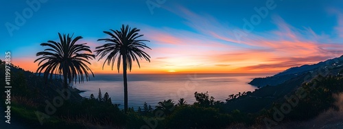 A panoramic view of the sunset over California's diverse coastline, with silhouettes of palm trees and an ocean backdrop.