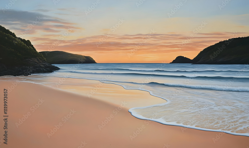 A serene beach scene at sunset with gentle waves and distant hills. A serene beach scene at sunset with gentle waves and distant hills.