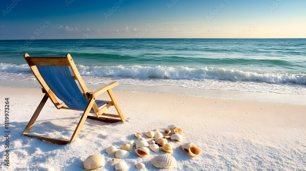 A serene beach scene with a chair and seashells by the gentle waves. A serene beach scene with a chair and seashells by the gentle waves.