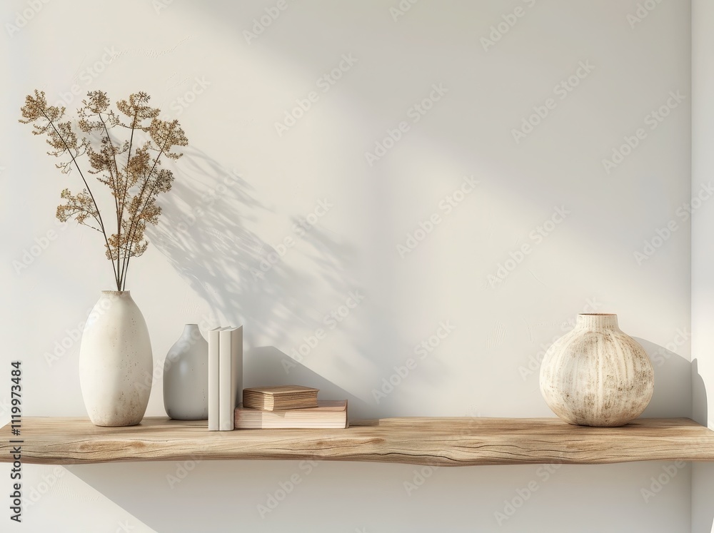Minimalist wooden shelf with vases. books. and dried flowers against a white wall with sunlit shadows Minimalist wooden shelf with vases. books. and dried flowers against a white wall with sunlit shadows