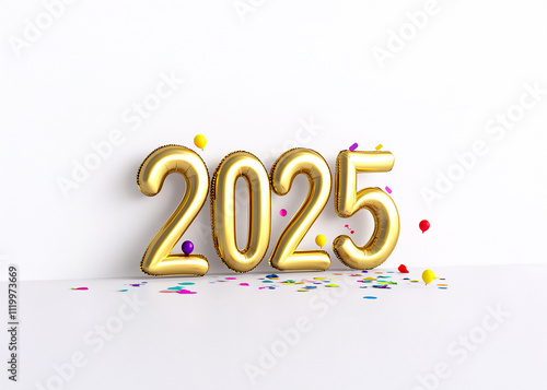 Modern 3D gold “2025” with confetti in a New Year celebration