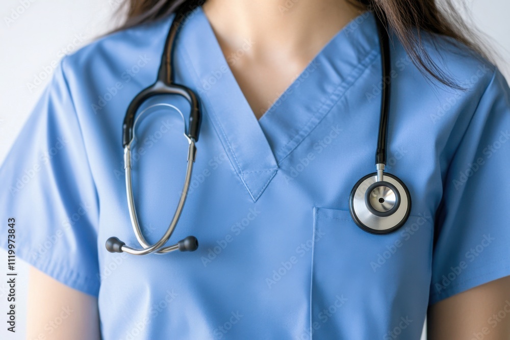 Medical professional in scrubs wearing stethoscope during healthcare routine Medical professional in scrubs wearing stethoscope during healthcare routine