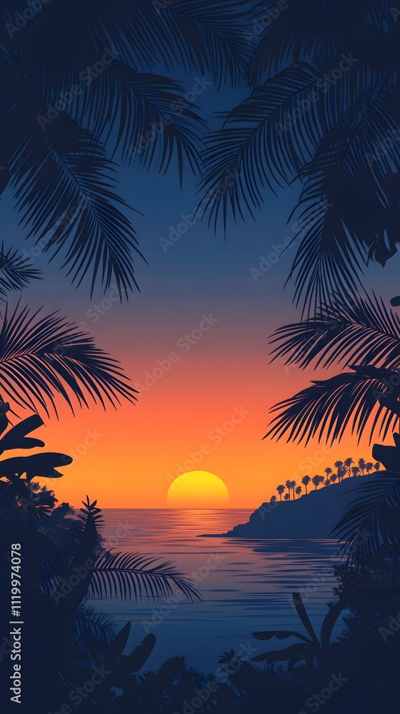 Obraz premium A panoramic view of the sunset over California's diverse coastline, with silhouettes of palm trees and an ocean backdrop.