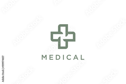 Medical Logo. Green Geometric Cross Plus Sign Isolated On White Background. Flat Vector Logo Design Template Element Usable For Healthcare, Clinic, Pharmacy And Hospital Logos.