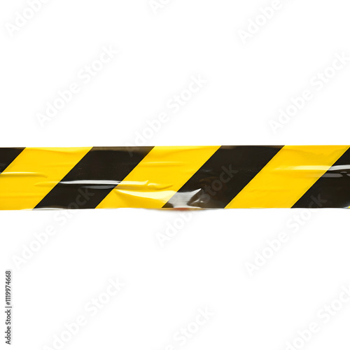 A Horizontal black and yellow caution tape png isolated on transparent background 