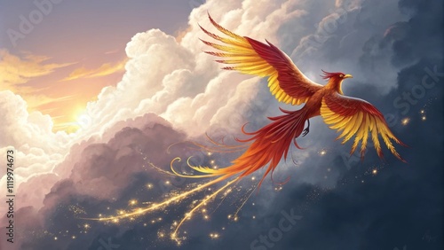 A striking phoenix boasting a dazzling array of colors ranging from deep crimson to golden yellow calls forth a series of small ethereal sparkles as it glides through thick layers photo