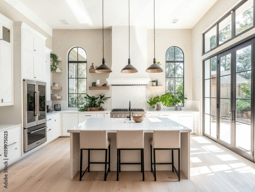 Fototapeta premium Modern kitchen design with island and large windows