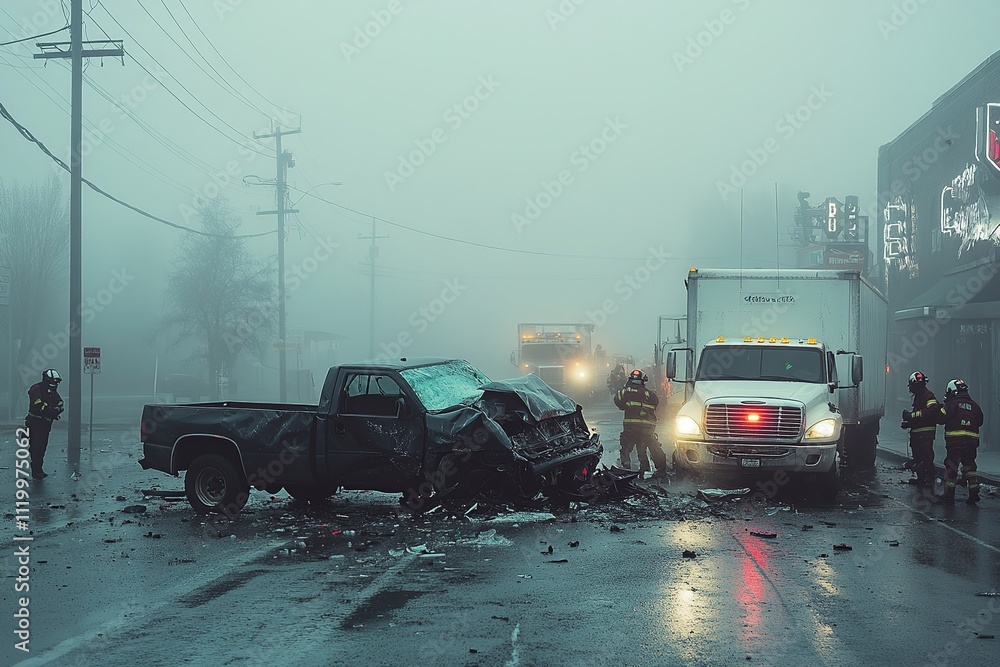 A realistic depiction of an accident involving a pickup truck and a container truck. The scene reveals significant damage and the severity of the collision between the two vehicles.
A realistic depiction of an accident involving a pickup truck and a container truck. The scene reveals significant damage and the severity of the collision between the two vehicles.