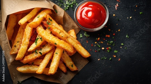 Golden, crispy french fries served in a rustic paper bag, with a sleek jar of bright red ketchup on the side, creating a perfect classic snack picture. photo