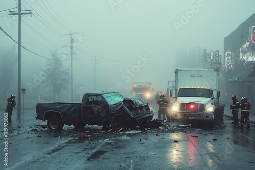 A realistic depiction of an accident involving a pickup truck and a container truck. The scene reveals significant damage and the severity of the collision between the two vehicles.

